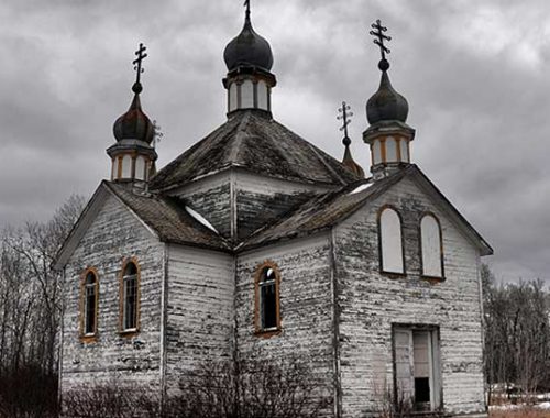 Old dilapidate church in small prairie locations